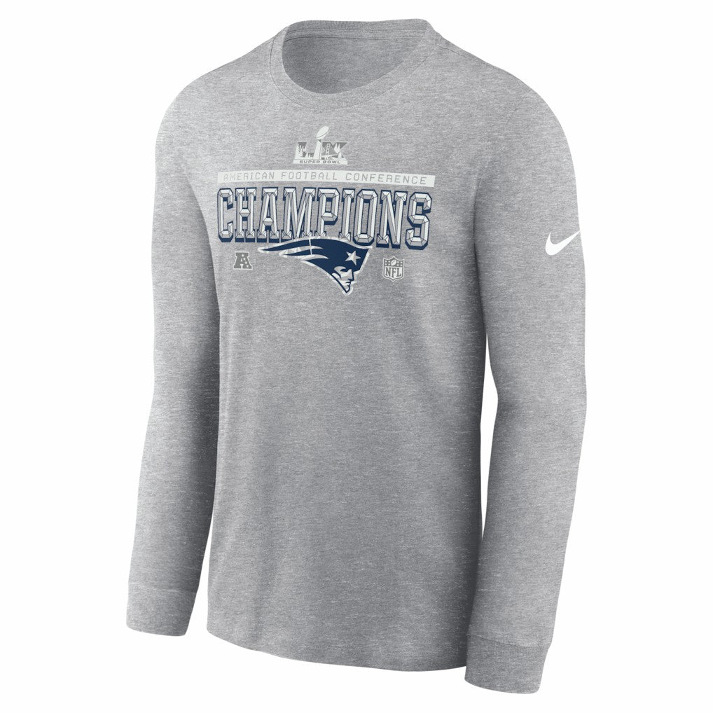 Nike New England Patriots 2025 AFC Champions Locker Room Trophy Collection Long Sleeve T-Shirt Heather Gray