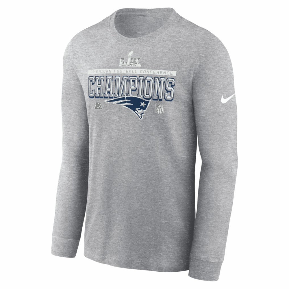 Nike New England Patriots 2025 AFC Champions Locker Room Trophy Collection Long Sleeve T-Shirt Heather Gray