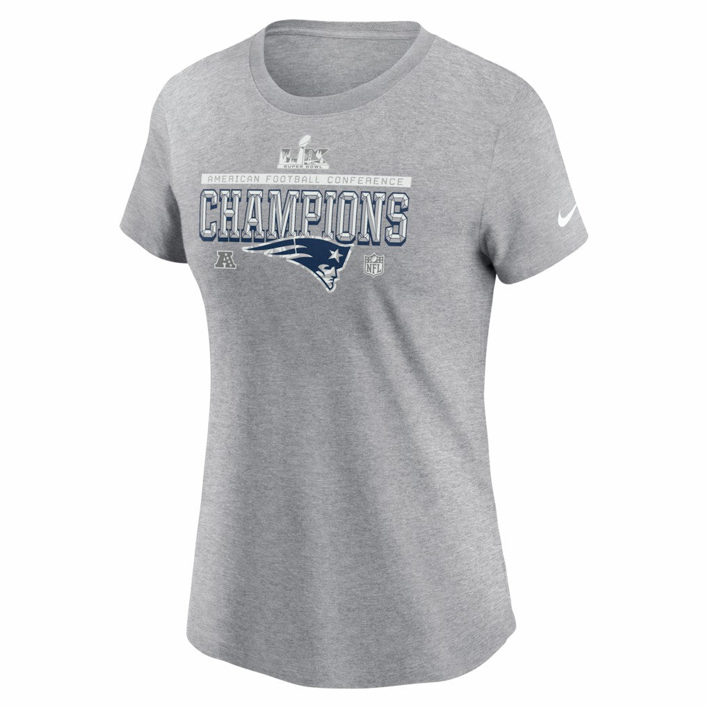 Nike New England Patriots Women's 2025 AFC Champions Locker Room Trophy Collection T-Shirt Heather Gray