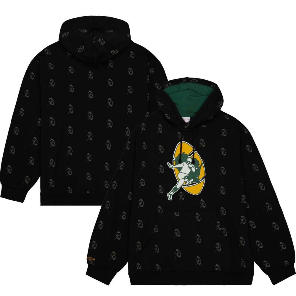 Mitchell & Ness Green Bay Packers Allover Print Fleece Pullover Hoodie Black