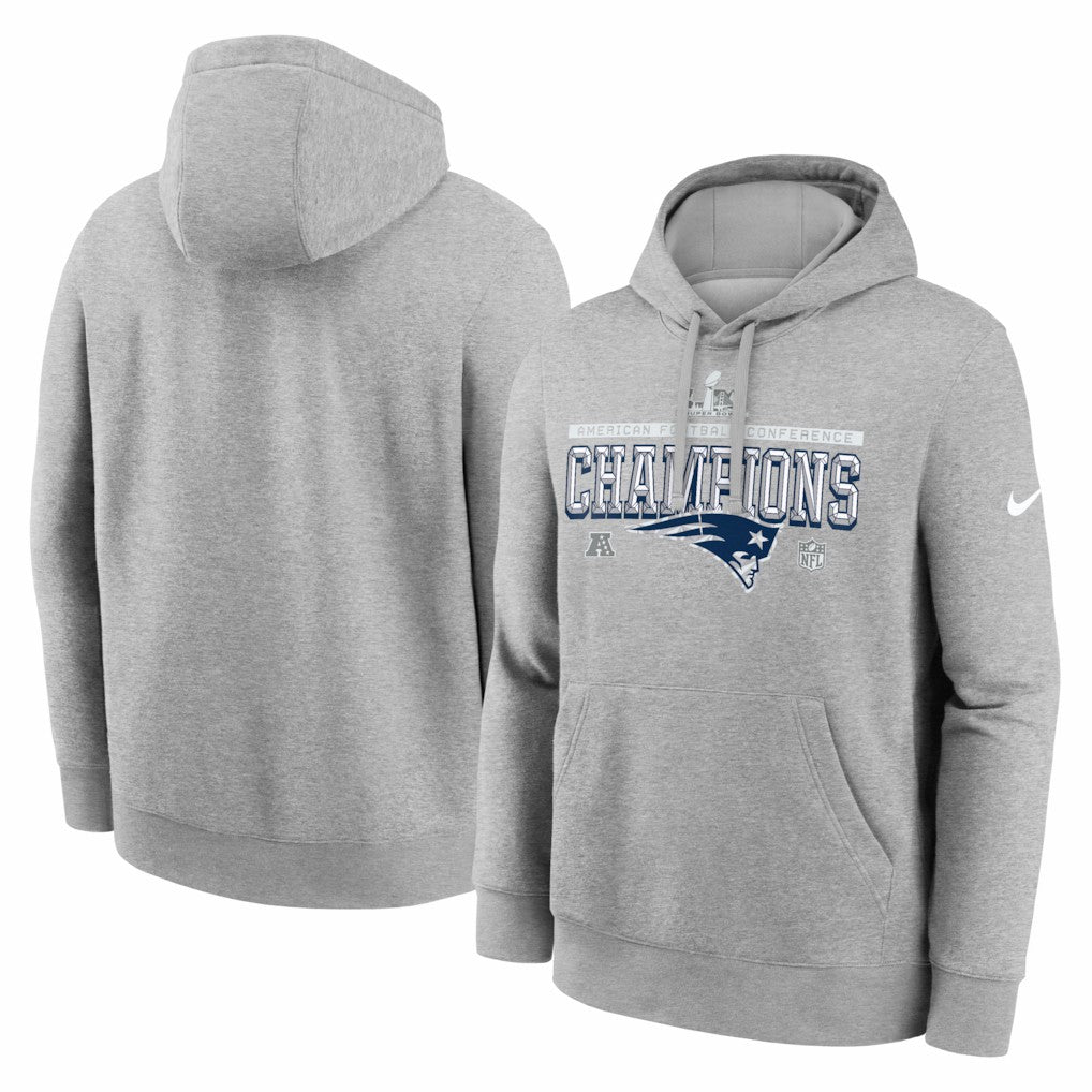 Nike New England Patriots 2025 AFC Champions Locker Room Trophy Collection Hoodie Heather Gray