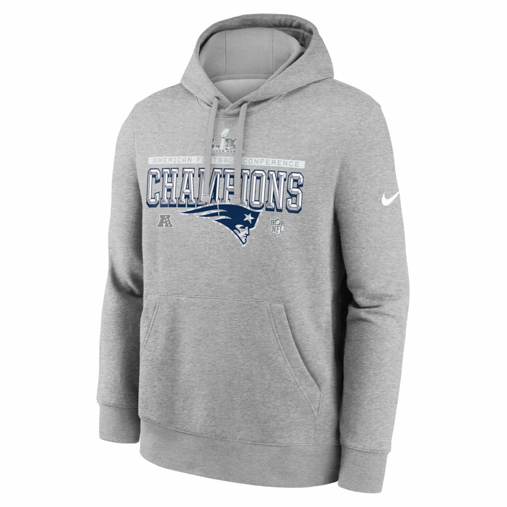 Nike New England Patriots 2025 AFC Champions Locker Room Trophy Collection Hoodie Heather Gray