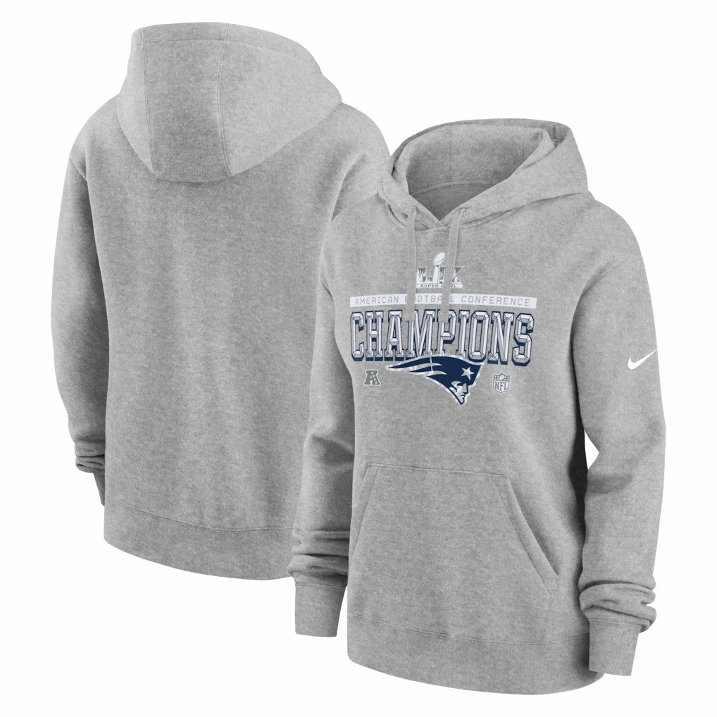 Nike New England Patriots Women's 2025 AFC Champions Locker Room Trophy Collection Club Fleece Hoodie Heather Gray