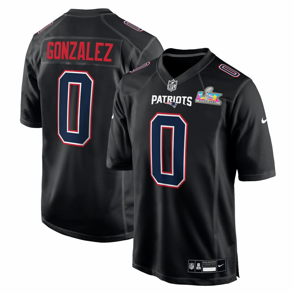 Nike Christian Gonzalez New England Patriots Super Bowl LX Patch Carbon Fashion Game Jersey Black