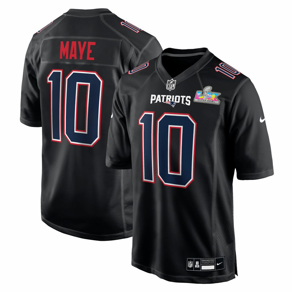 Nike Drake Maye New England Patriots Super Bowl LX Patch Carbon Fashion Game Jersey Black