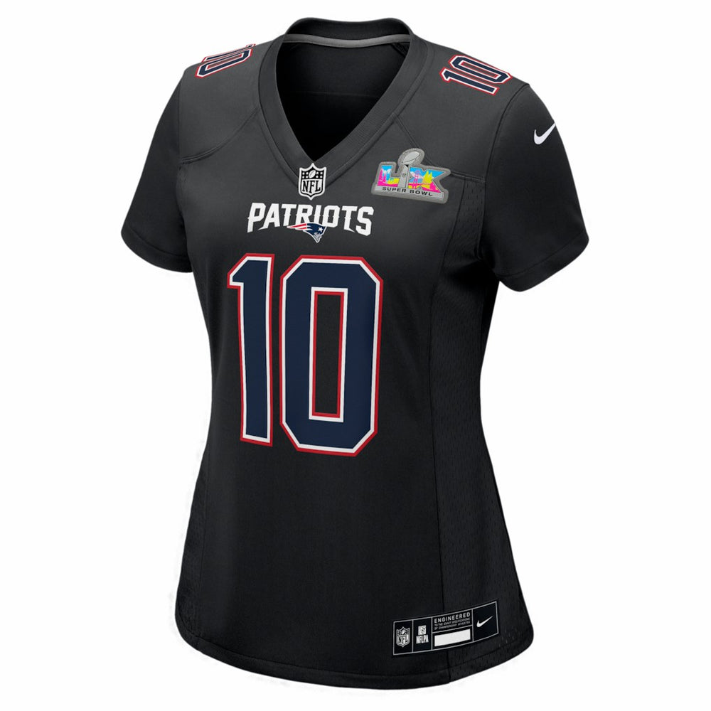 Nike Drake Maye New England Patriots Women's Super Bowl LX Patch Carbon Fashion Game Jersey Black