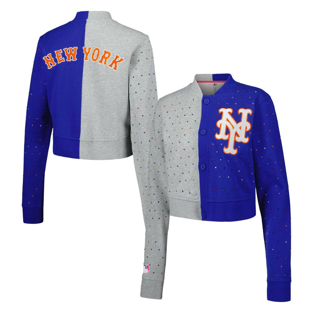 New York Mets Terez Women's Cropped Button-Up Cardigan - Gray/Royal - MLB Lifestyle