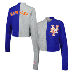 New York Mets Terez Women's Cropped Button-Up Cardigan - Gray/Royal - MLB Lifestyle