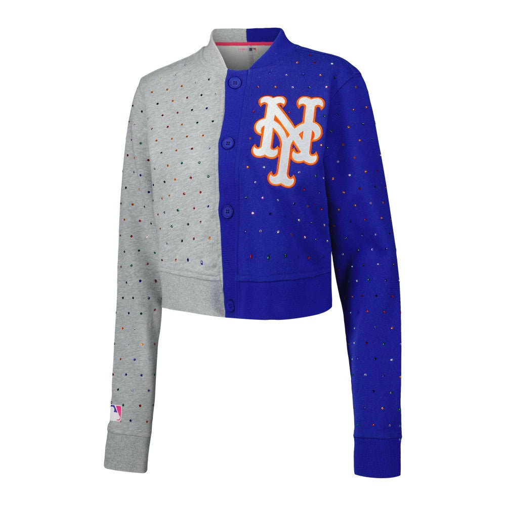 New York Mets Terez Women's Cropped Button-Up Cardigan - Gray/Royal - MLB Lifestyle