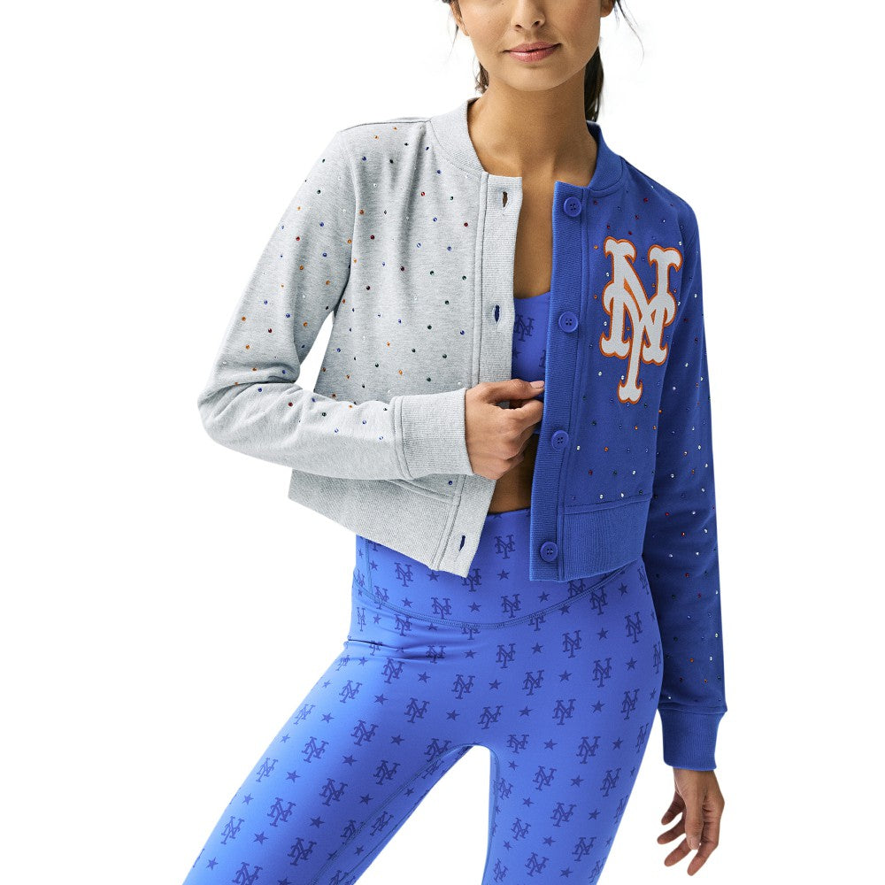 New York Mets Terez Women's Cropped Button-Up Cardigan - Gray/Royal - MLB Lifestyle
