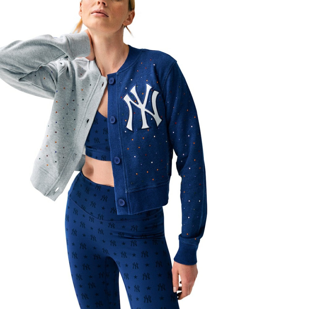 New York Yankees Terez Women's Cropped Button-Up Cardigan - Gray/Navy - MLB Lifestyle