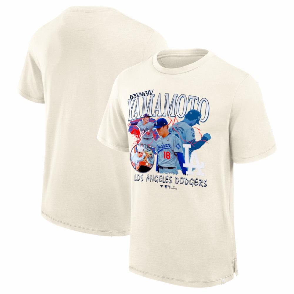 Yoshinobu Yamamoto Los Angeles Dodgers Fanatics Montage T-Shirt - Cream - Fanatics Lifestyle