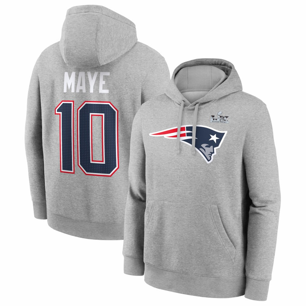 Nike Drake Maye New England Patriots Super Bowl LX Patch Name & Number Hoodie Heather Gray