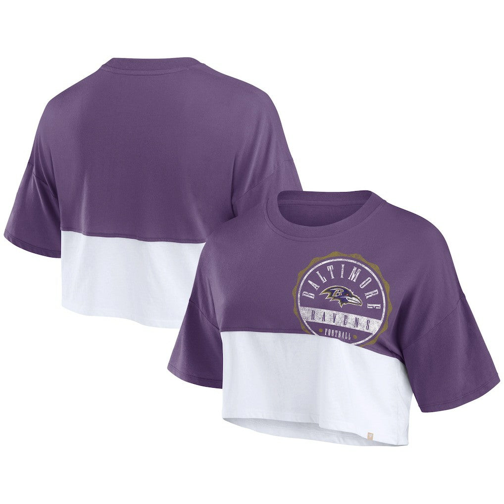 Fanatics Baltimore Ravens Women's Boxy Color Split Cropped T-Shirt Purple/White