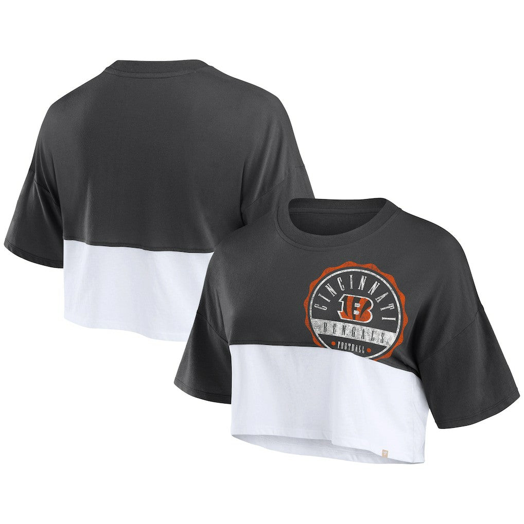 Fanatics Cincinnati Bengals Women's Boxy Color Split Cropped T-Shirt Black/White