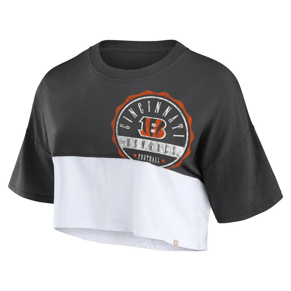 Fanatics Cincinnati Bengals Women's Boxy Color Split Cropped T-Shirt Black/White