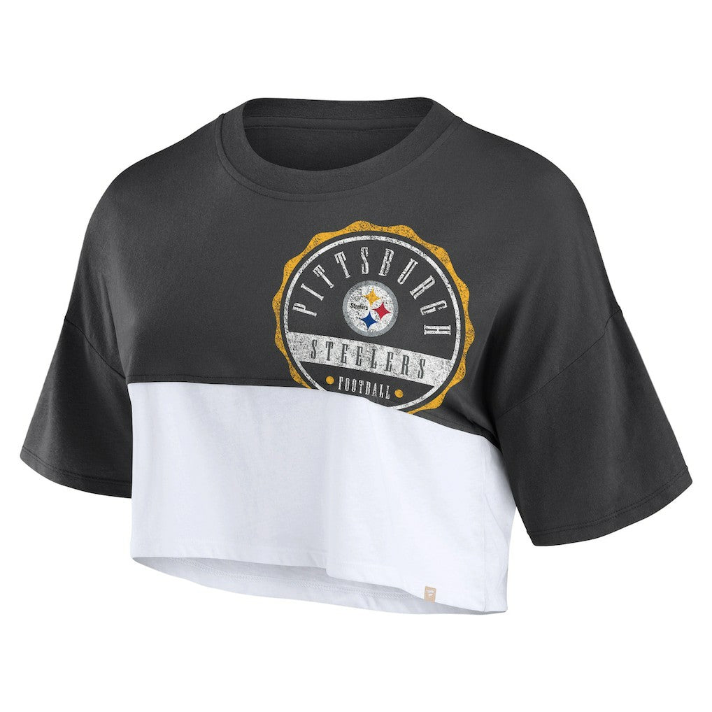 Fanatics Pittsburgh Steelers Women's Boxy Color Split Cropped T-Shirt Black/White