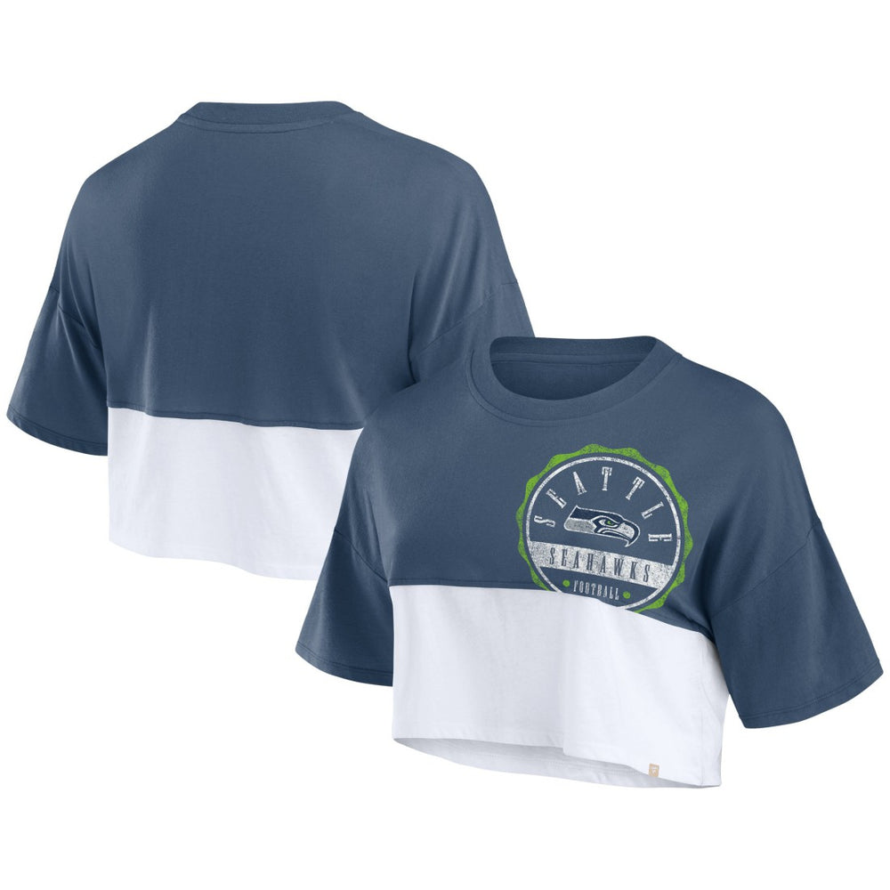 Fanatics Seattle Seahawks Women's Boxy Color Split Cropped T-Shirt College Navy/White