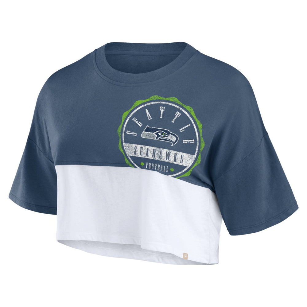 Fanatics Seattle Seahawks Women's Boxy Color Split Cropped T-Shirt College Navy/White