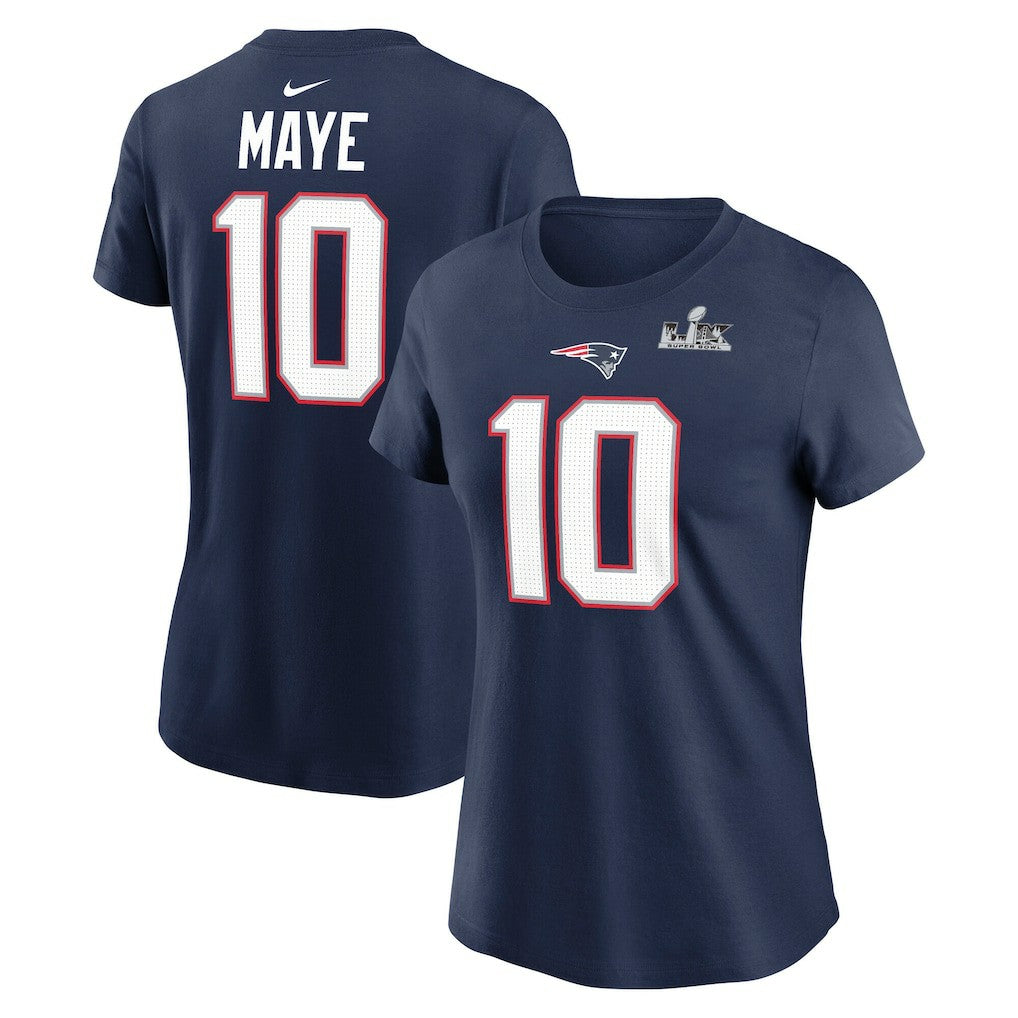 Nike Drake Maye New England Patriots Women's Super Bowl LX Patch Name & Number T-Shirt Navy