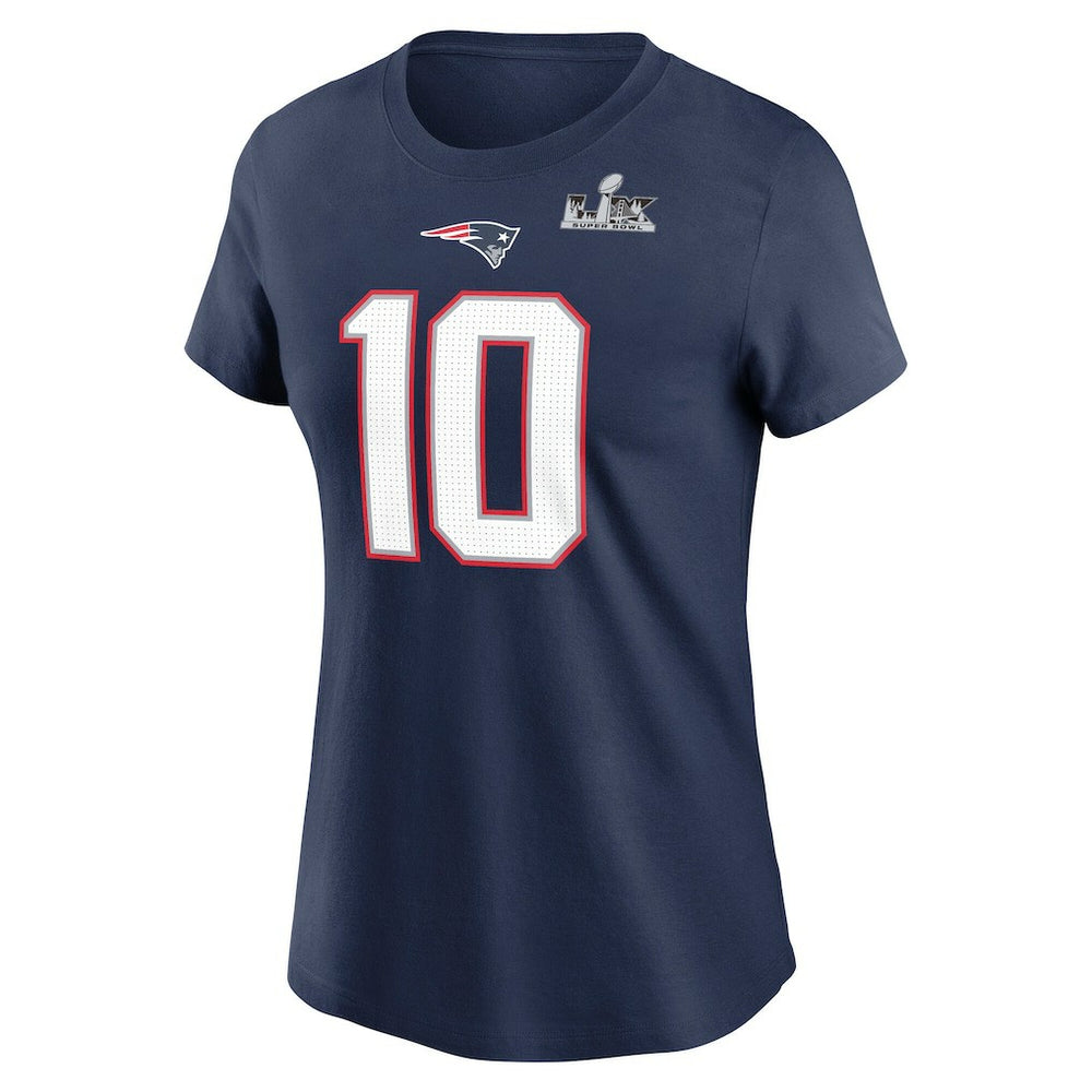 Nike Drake Maye New England Patriots Women's Super Bowl LX Patch Name & Number T-Shirt Navy