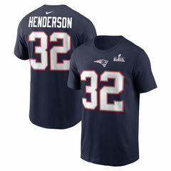 Nike TreVeyon Henderson New England Patriots Super Bowl LX Patch Name & Number T-Shirt Navy