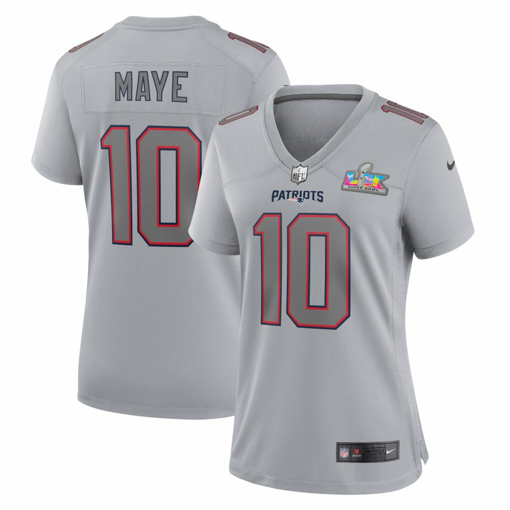Nike Drake Maye New England Patriots Women's Super Bowl LX Patch Atmosphere Fashion Game Jersey Silver