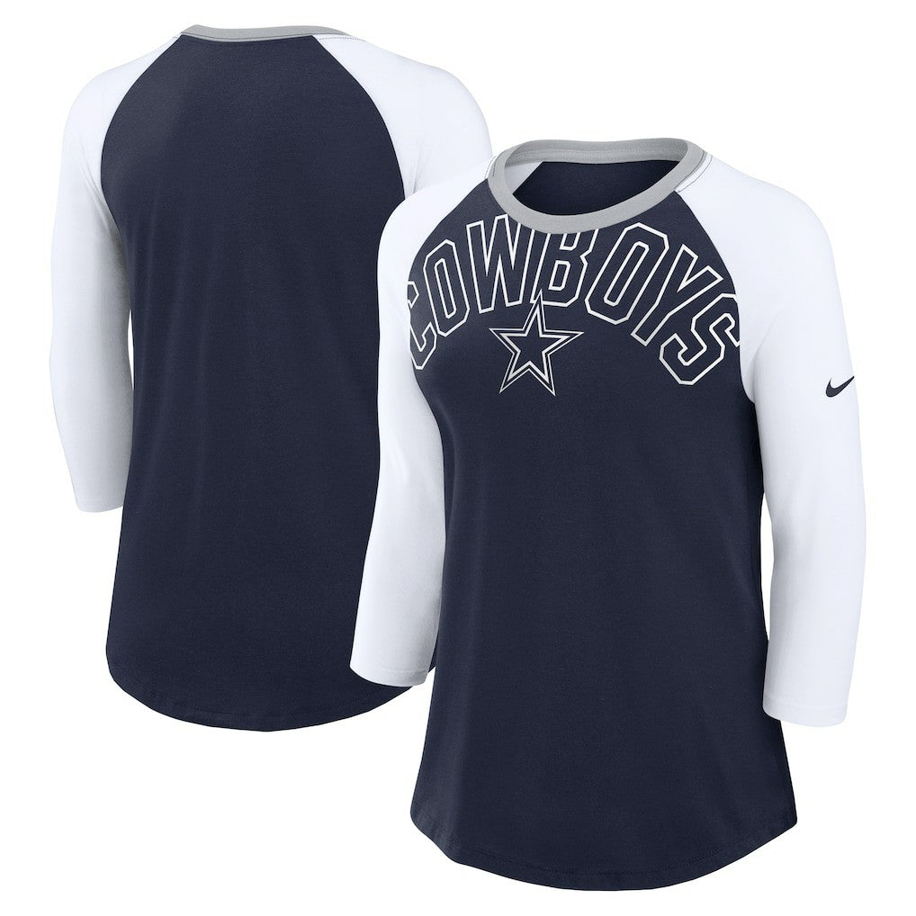 Nike Dallas Cowboys Women's Knockout Arch Raglan Tri-Blend 3/4-Sleeve T-Shirt Navy/White