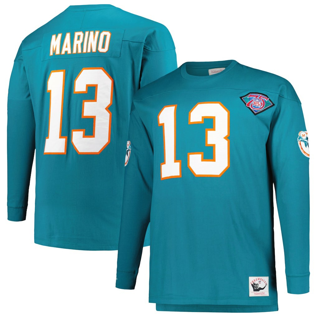 Mitchell & Ness Dan Marino Miami Dolphins Big & Tall Cut & Sew Player Name & Number Long Sleeve T-Shirt Aqua