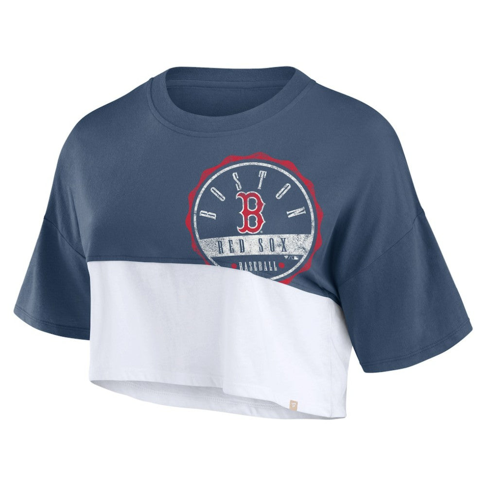 Boston Red Sox Fanatics Women's Color Split Boxy Cropped T-Shirt - Navy/White - Fanatics Lifestyle