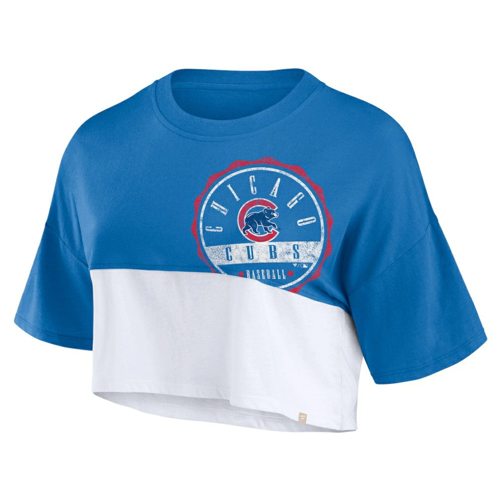 Chicago Cubs Fanatics Women's Color Split Boxy Cropped T-Shirt - Royal/White - Fanatics Discount
