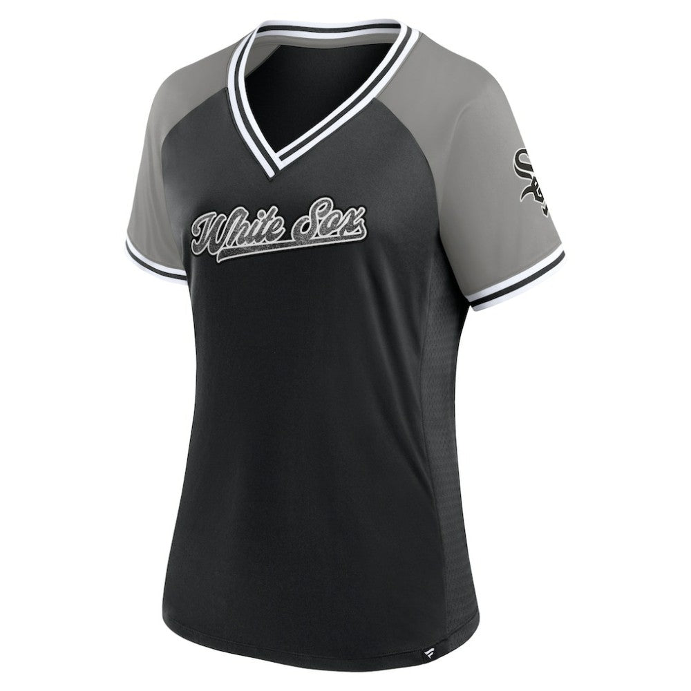 Chicago White Sox Fanatics Women's Glitz & Glam League Diva Raglan V-Neck T-Shirt - Black - Fanatics Lifestyle