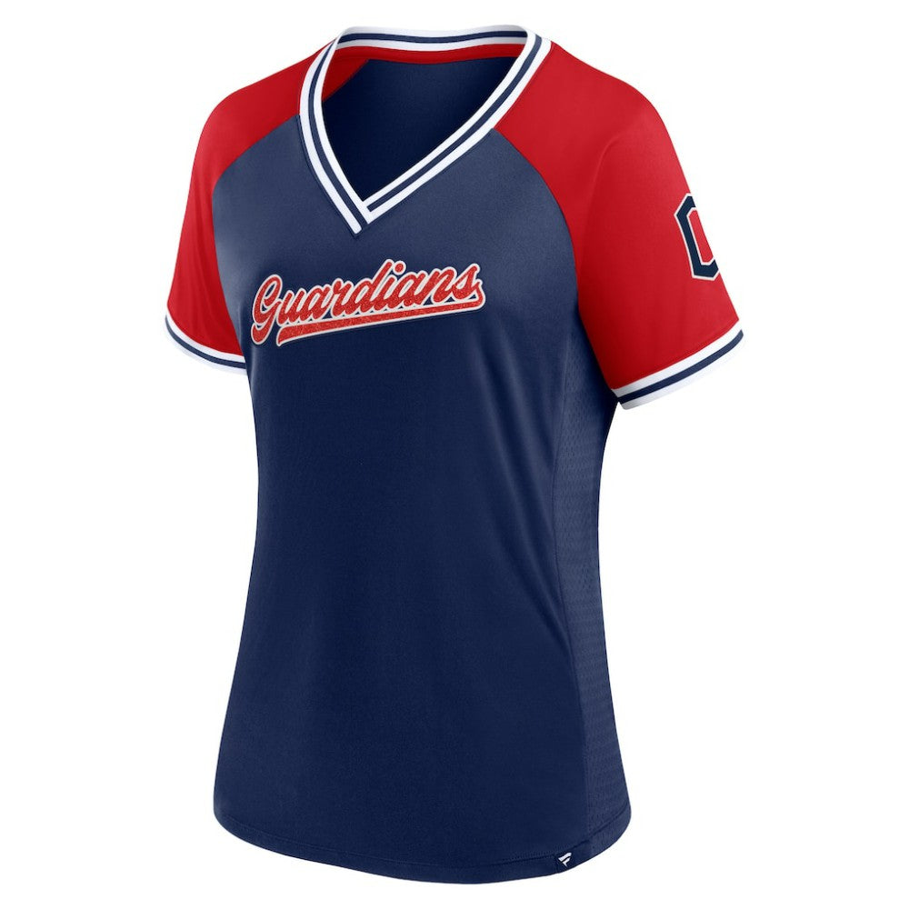Cleveland Guardians Fanatics Women's Glitz & Glam League Diva Raglan V-Neck T-Shirt - Navy - Fanatics Sale