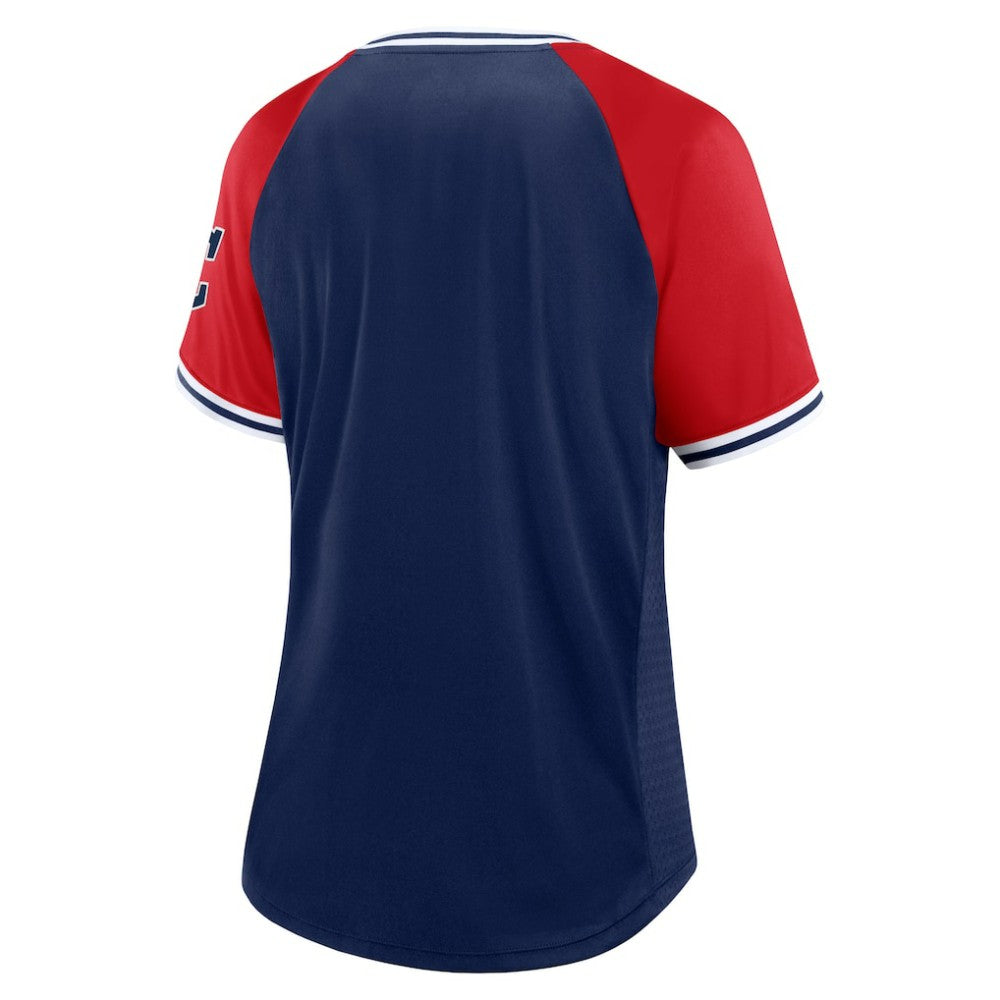 Cleveland Guardians Fanatics Women's Glitz & Glam League Diva Raglan V-Neck T-Shirt - Navy - Fanatics Sale