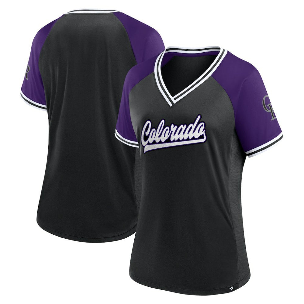 Colorado Rockies Fanatics Women's Glitz & Glam League Diva Raglan V-Neck T-Shirt - Black - Fanatics Lifestyle