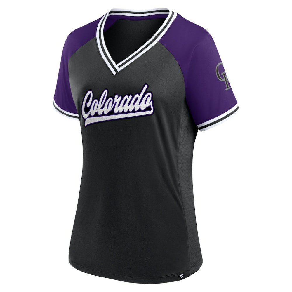 Colorado Rockies Fanatics Women's Glitz & Glam League Diva Raglan V-Neck T-Shirt - Black - Fanatics Lifestyle
