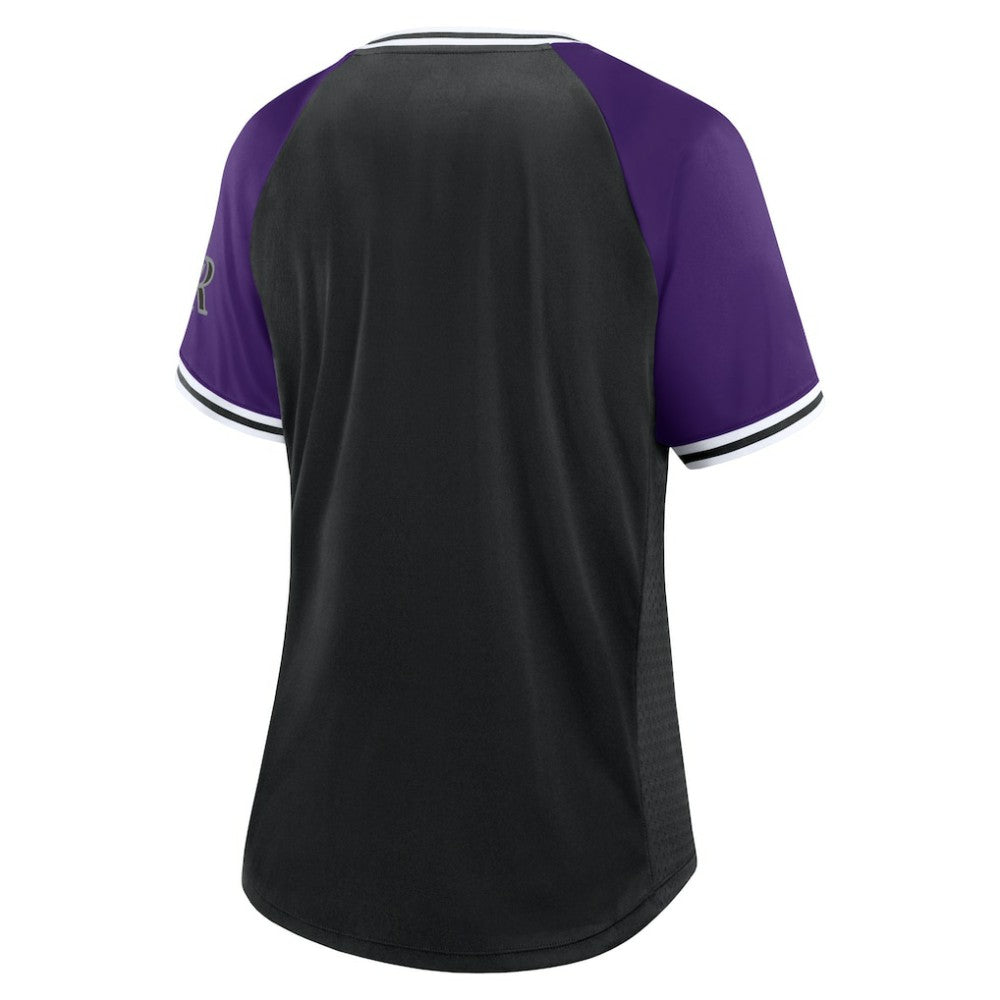 Colorado Rockies Fanatics Women's Glitz & Glam League Diva Raglan V-Neck T-Shirt - Black - Fanatics Lifestyle