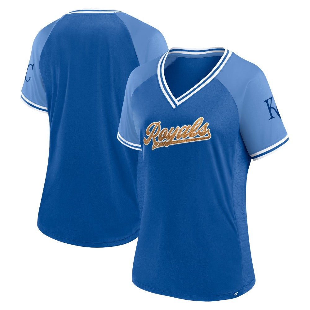 Kansas City Royals Fanatics Women's Glitz & Glam League Diva Raglan V-Neck T-Shirt - Royal - Fanatics Online