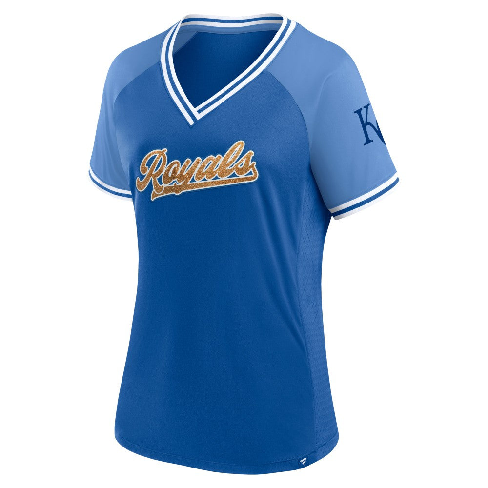 Kansas City Royals Fanatics Women's Glitz & Glam League Diva Raglan V-Neck T-Shirt - Royal - Fanatics Online
