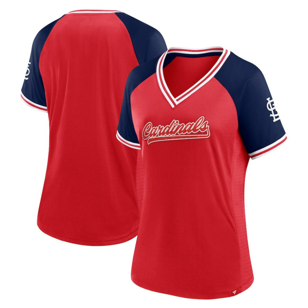 St. Louis Cardinals Fanatics Women's Glitz & Glam League Diva Raglan V-Neck T-Shirt - Red - Fanatics Sale