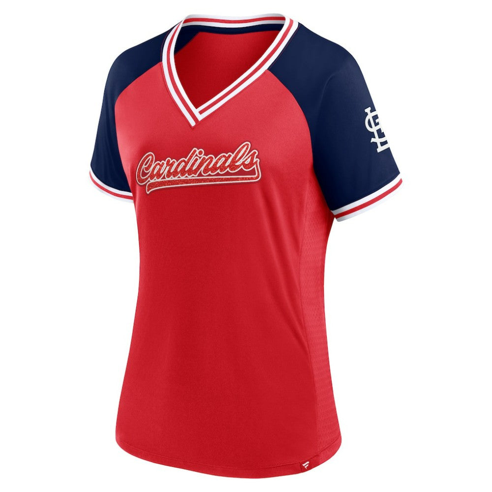 St. Louis Cardinals Fanatics Women's Glitz & Glam League Diva Raglan V-Neck T-Shirt - Red - Fanatics Sale