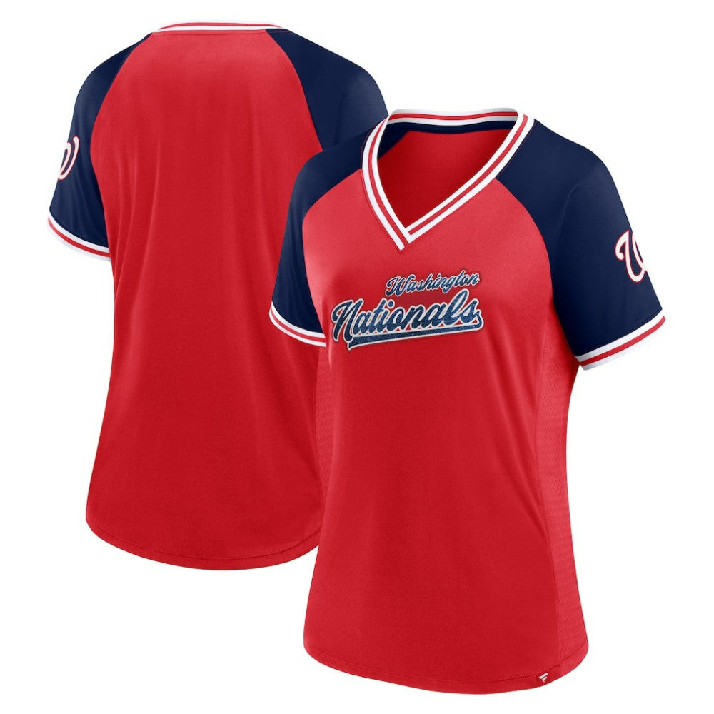 Washington Nationals Fanatics Women's Glitz & Glam League Diva Raglan V-Neck T-Shirt - Red - Fanatics on Sale