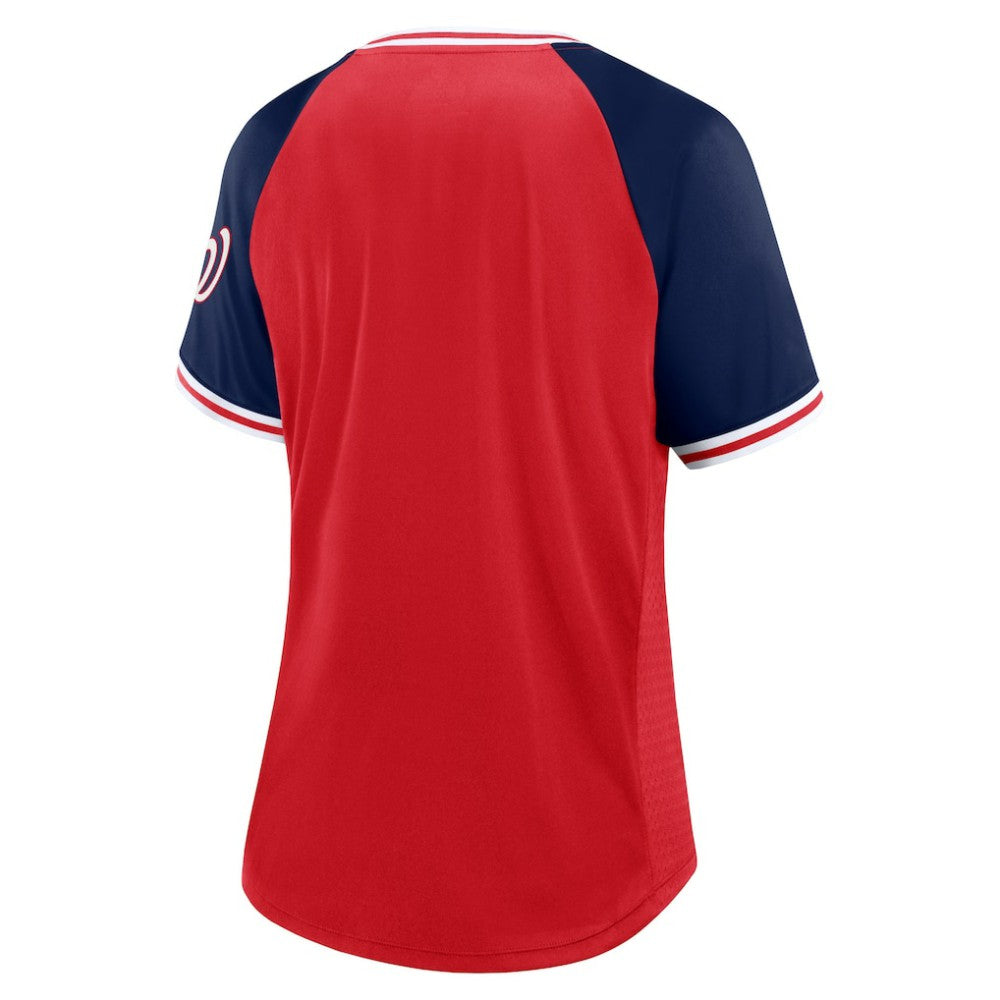 Washington Nationals Fanatics Women's Glitz & Glam League Diva Raglan V-Neck T-Shirt - Red - Fanatics on Sale