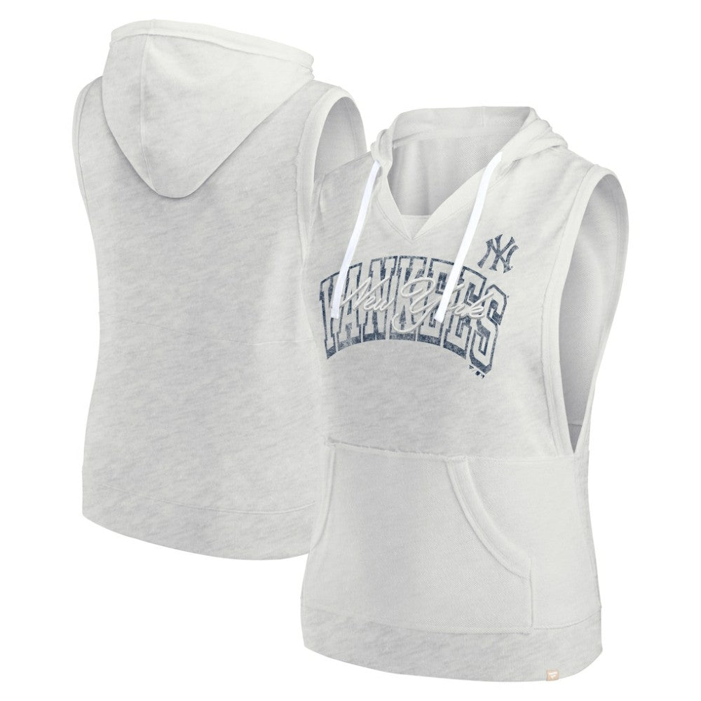 New York Yankees Fanatics Women's Lounge Script Sleeveless Pullover Hoodie - Ash - Fanatics Sale