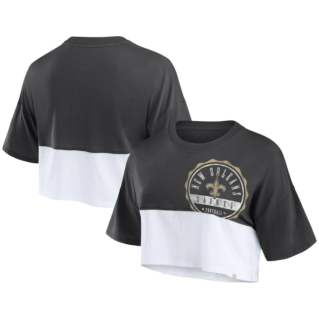 Fanatics New Orleans Saints Women's Boxy Color Split Cropped T-Shirt Black/White
