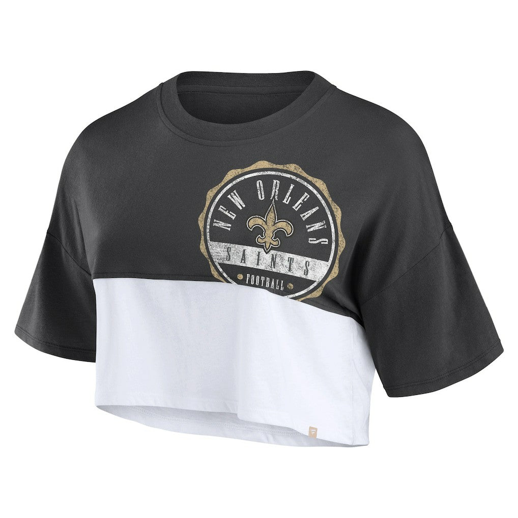 Fanatics New Orleans Saints Women's Boxy Color Split Cropped T-Shirt Black/White