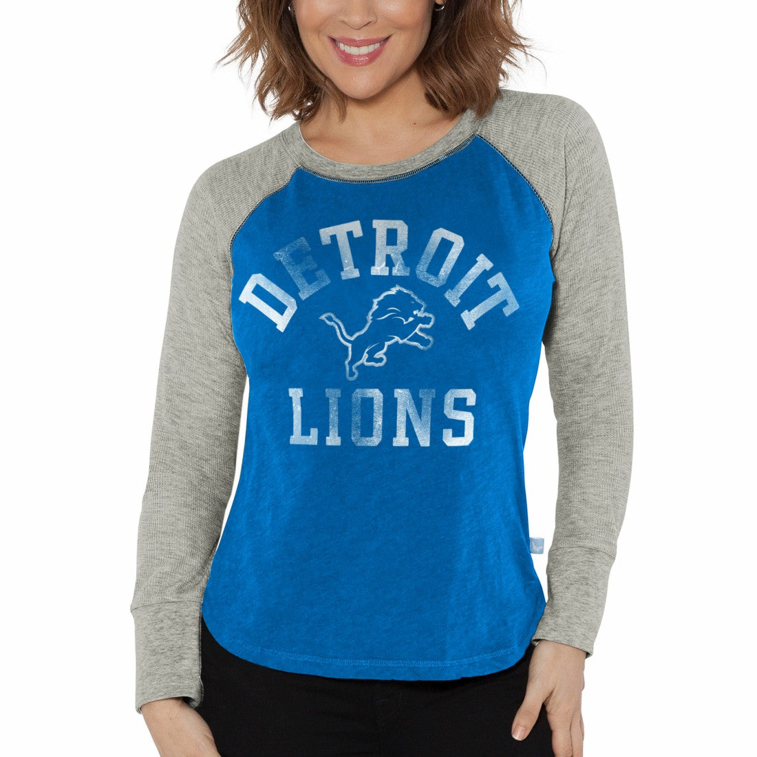 Detroit Lions G-III 4Her by Carl Banks Women's Waffle Knit Raglan Long Sleeve T-Shirt Blue/Heather Gray
