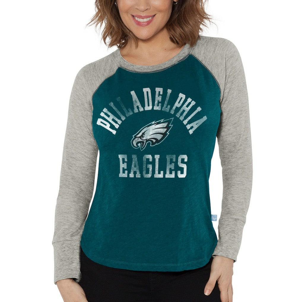 Philadelphia Eagles G-III 4Her by Carl Banks Women's Waffle Knit Raglan Long Sleeve T-Shirt Midnight Green/Heather Gray