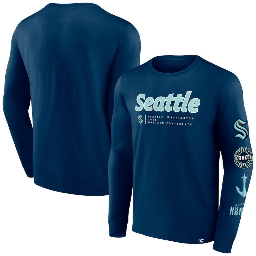 Seattle Kraken Fanatics Strike the Goal Long Sleeve T-Shirt - Deep Sea Blue - NHL 200250617