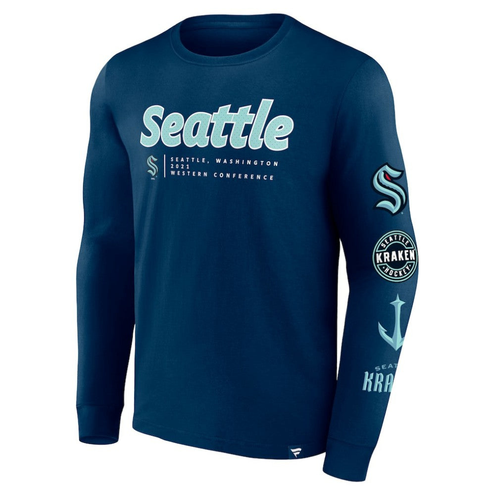 Seattle Kraken Fanatics Strike the Goal Long Sleeve T-Shirt - Deep Sea Blue - NHL 200250617